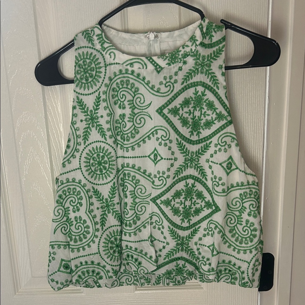 Glam White and Green Patterned Blouse